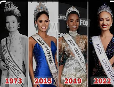 A listicle of Miss Universe Titleholders from different countries, starting 
from 1952-2023.