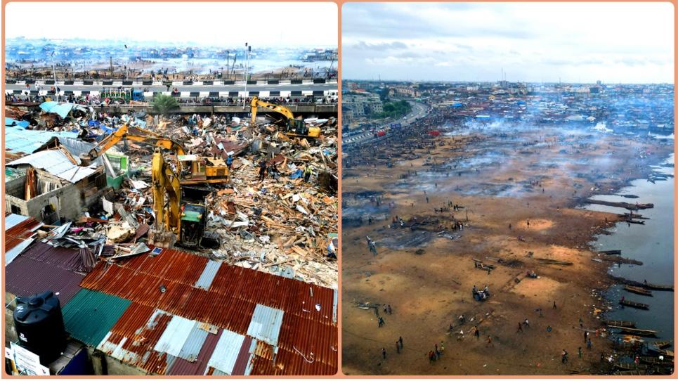 The aftermath of the fire at Oko-Baba, showing the destruction of market stalls.
