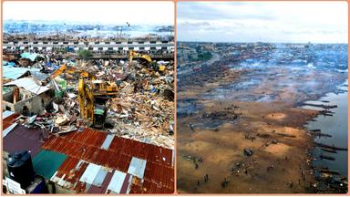 The aftermath of the fire at Oko-Baba, showing the destruction of market stalls.
